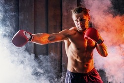 Dynamic motion portrait of sportive muscular athletic man in the boxer gloves and shorts practicing attack. Fit strength male fighter in movement engaged in training gym, in a fight without rules.