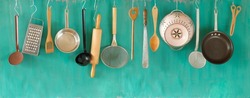 various vintage kitchen utensils, kitchen,cooking,food and drink concept. panoramic, free copy space
