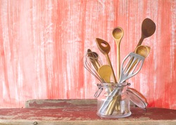 kitchen utensils, wooden spoons, free copy space 