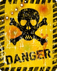 grungy danger sign with skull and bullet holes, vector illustration