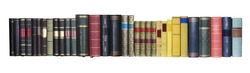vintage books in a row, isolated on white background, empty labels with free copy space