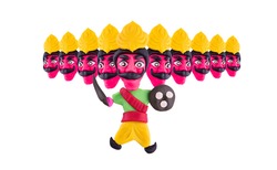10 headed ravana or ravan made using colourful clay or dough - Happy Dussehra / Vijayadashami / Ayudh Puja greeting
