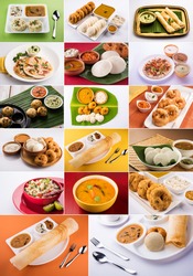 collage of south indian food like idli, vada sambar, sambar, dosa,uttapam, rava appe, roll dosa, upama