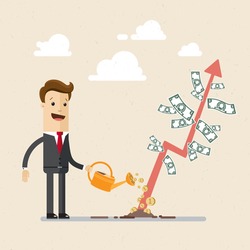 Businessman is watering a tree of money. Increase revenue, investment. Isolated illustration, flat, vector EPS10.