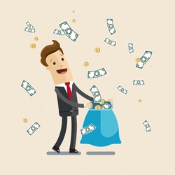 Businessman, manager. A man in a suit catching money in a sack. Illustration,  vector EPS10.