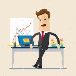 Manager or businessman stand near table in a office workplace. Vector, illustration, flat