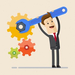 Businessman with spanner in hand. Man in suit, manager adjusts some mechanism. Support and service concept. Vector, illustration, flat.