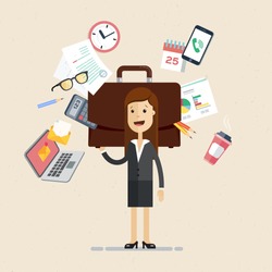 Business woman's working day. Woman cope with work. Business woman hold a big briefcase with a lot of office things. Vector, illustration, flat