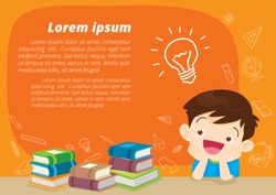 children boy thinking idea and books.Cute kid imagine in classroom with space for your text.education concept with  books background template.for web banner, backdrop, ad,promotion poster.