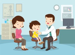Mom and Boy to see Doctor sitting at the table in hospital, infirmary, clinic.healthcare concept.Character professional physician on workplace illustration.Mother and her son with doctor.