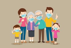 family wearing protective Medical mask for prevent virus Wuhan Covid-19.Dad Mom Daughter Son wearing a surgical mask.