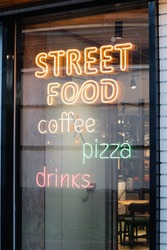 coffee pizza drinks neon sign window case .concept public catering
