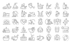 Vector graphic set. 40x40 pixels. Editable stroke size. Icons in flat, contour, outline, thin and linear design. Spa treatments. Simple isolated icons. Concept illustration. Sign, symbol, element.