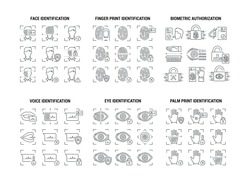 Vector graphic set. Editable stroke size. Icons in flat, contour, outline design. Scanning biometric data. Modern digital key, password. Web and app concept. Sign, symbol, element.