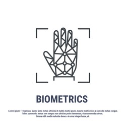 Vector graphic illustration. Set line icons. Palm print Identification. Outline design. Biometrics authorization. Person Recognition key. Digital access system. Cyber security. Web Sign, symbol.