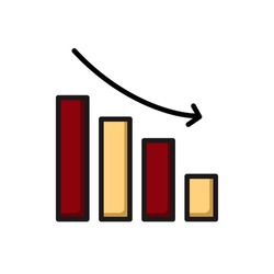 Simple Illustration of Down or Decrease Bar Chart with red ,yellow color with black arrow. Perfect for illustrate decrease or drop or decline with White Background