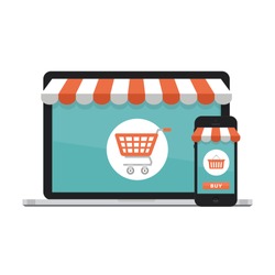 Online shopping concept. Open laptop with screen buy.  Flat style, vector illustration.