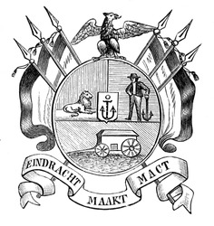 The old coat of arms of Transvaal Republic (South Africa). Engraving by Alwin Zschiesche published on 