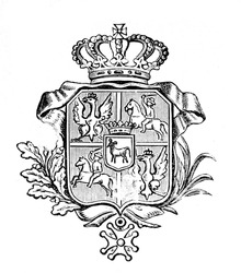 The old coat of arms of Portugal. Engraving by Alwin Zschiesche published on 