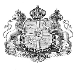 The old coat of arms of Sweden. Engraving by Alwin Zschiesche published on 