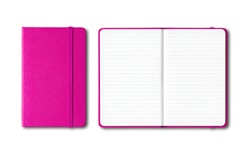 Pink closed and open lined notebooks mockup isolated on white