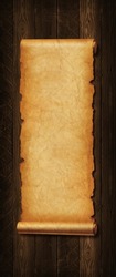 Old paper vertical banner. Parchment scroll isolated on a wood board background