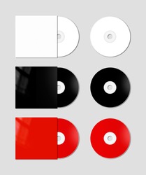 white, black and red CD - DVD and covers isolated on background - mockup template
