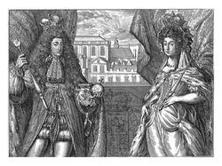 Portraits of King William III and Queen Mary II Stuart, standing with crowns, insignia and in full regalia, in front of a balustrade.