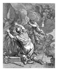 Achilles hit by an arrow in his only weak spot,his heel,while making a sacrifice at an altar.Several bystanders around the altar.At the top right,Apollo leads the arrow from Paris to the right place