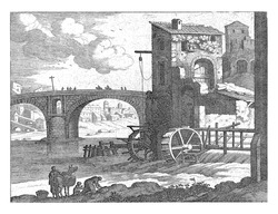 A stone bridge over a river and a water mill on the right. In the foreground a woman is standing by a packed donkey. Next to that a woman who does the laundry on her knees