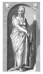Female personification of Laziness. In a niche a woman is standing barefoot and with a bare bust. A snail is crawling on her shoulder.