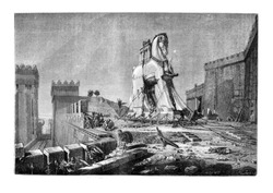 Salon of 1874, Painting. - The Trojan Horse, by Motte, vintage engraved illustration. Magasin Pittoresque 1875.