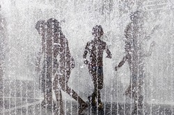 silhouette of a group of children playing in a water fountain