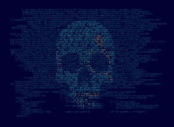 computer virus or hacker concept, programming script combined with shape of skull