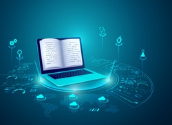 concept of e-learning technology, graphic of realistic computer notebook with book's pages as screen