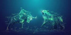 concept of stock market exchange or financial technology, polygon bull and bear with futuristic element