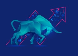 concept of bullish in stock market exchange, graphic of low poly bull with increasing graph