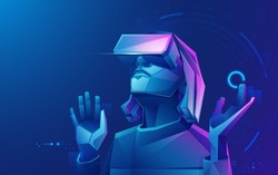 concept of virtual reality technology, graphic of a teenage gamer wearing VR head-mounted playing game