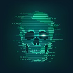 concept of cyber crime, internet piracy and hacking, shape of skull combined with binary code
