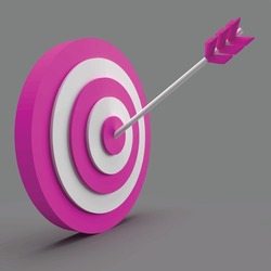 Arrow on bullseye in yellow target. Business success, investment goal, opportunity challenge, aim strategy, achievement focus concept. 3d realistic vector illustration.