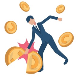 It is an isometric illustration of a businessman who breaks a coin.