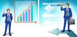 Increase business concept. Finance statistics graph with arrows. Businessman on success stairs. Color cartoon clipart characters. Vector illustration. 