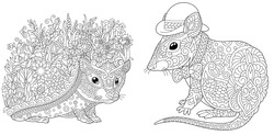 Adult coloring pages. Hedgehog with flowers and cute mouse in hat. Line art design for antistress colouring book in zentangle style. Vector illustration. 