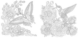 Coloring pages. Butterfly and hummingbird among flower bouquets. Line art design for adult or kids colouring book in zentangle style. Vector illustration.
