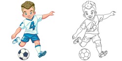 Cute footballer, young boy playing football. Coloring page and colorful clipart character. Cartoon design for t shirt print, icon, logo, label, patch or sticker. Vector illustration.