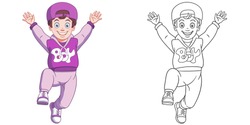 Cute happy boy jumping. Coloring page and colorful clipart character. Cartoon design for t shirt print, icon, logo, label, patch or sticker. Vector illustration.