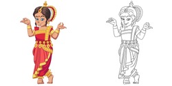 Cute Indian girl dancing. Coloring page and colorful clipart character. Cartoon design for t shirt print, icon, logo, label, patch or sticker. Vector illustration.