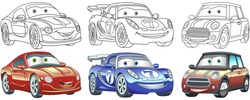 Cute cartoon cars. Coloring and colorful clipart characters. Childish designs for t shirt print, icon, logo, label, patch or sticker. Vector illustration.