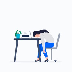 Exhausted young woman at work. Burnout at work, working at home or office, telework, freelance. Vector flat illustration.