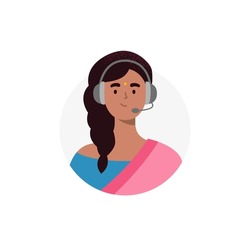 An avatar of indian woman from a call center. Live chat operators, hotline operator, assistant with headphones. Online global technical support 24 7. Vector flat illustration.